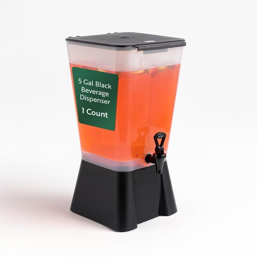 Restaurantware Bev Tek 5 Gallon Drink Dispenser 1 Dishwashable Beverage Dispenser--Detachable Tank Includes Decals Black Plastic Carnival Juice Dispenser With Stand Push-Button Spigot