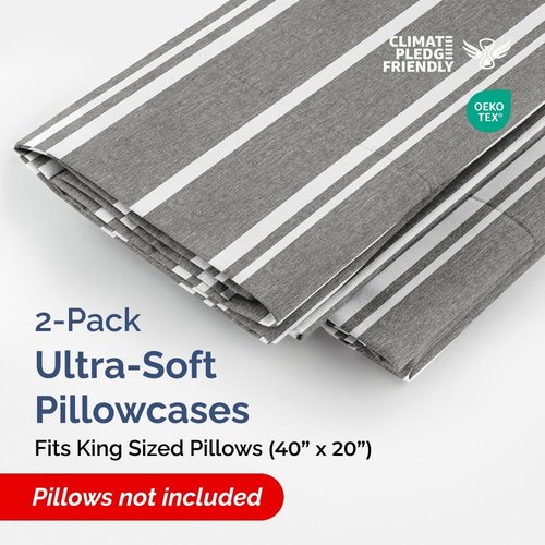 King Pillow Cases by [Brand Name] - Ultra Soft Hotel Quality Covers | Wrinkle-Free & Fade Resistant - 2 Piece Set in Grey Stripes