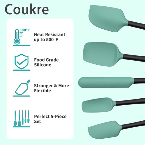 Coukre Silicone Spatula Set - High-Temperature Resistant, Food Grade, Dishwasher Safe | Aqua Green, 5-Piece Set