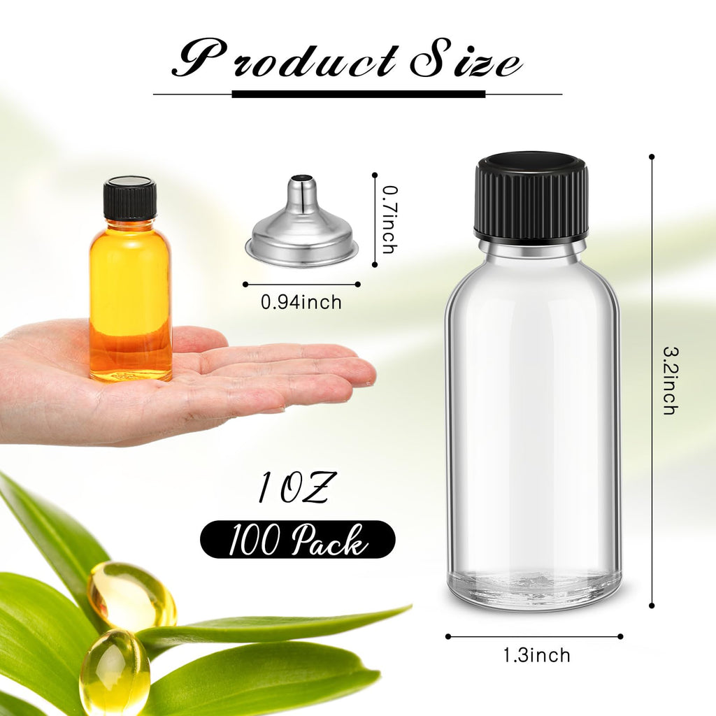 Hsei 1 oz Glass Bottle with Black Cap Clear Sample Boston Round Bottle Small Glass Containers with Lids and Funnel Chalk Labels Pen for Vanilla Extract Essential Oils(100 Pcs, 9 Sheet)