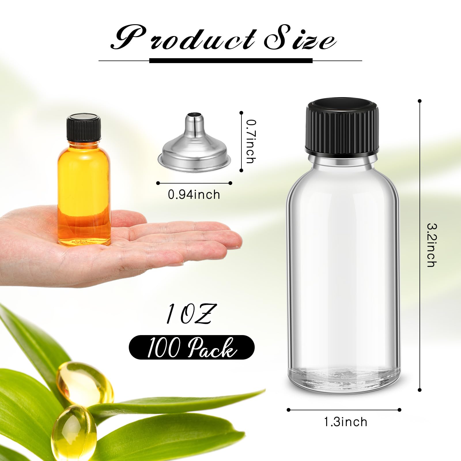 Hsei 1 oz Glass Bottle with Black Cap Clear Sample Boston Round Bottle Small Glass Containers with Lids and Funnel Chalk Labels Pen for Vanilla Extract Essential Oils(100 Pcs, 9 Sheet)