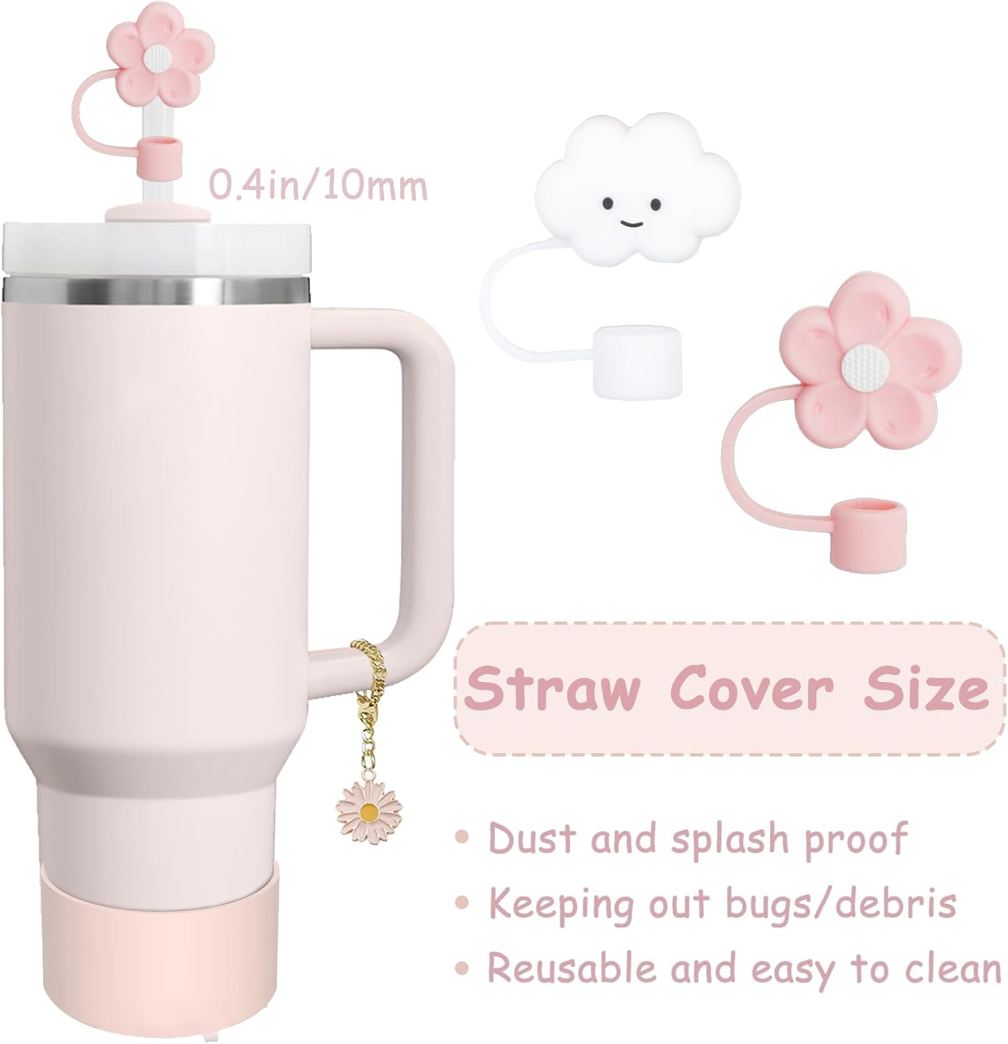 Stanley Cup Accessories Set - 2 Straw Covers, 1 Spill-Proof Stopper & 1 Butterfly Charm | Fits 40 & 30 Oz Tumblers (Rose Quartz)