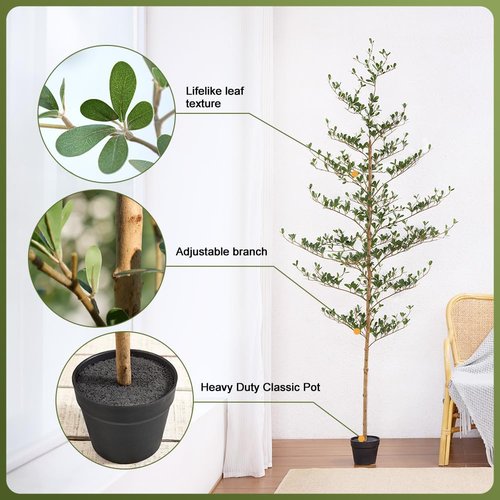Verinatural Artificial Black Olive Tree 7FT Indoor Outdoor Decor Faux Plants - Real Wood Trunk Fake Tree with Green UV Resistant Leaves - Tall Floor Plant for Modern Home Office Living Room Decoration