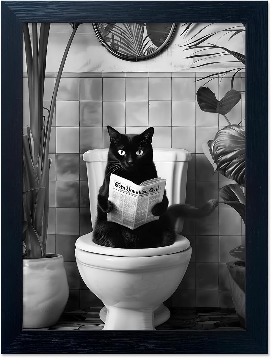 Skiennix Black Cat Bathroom Wall Art - Humorous Framed Canvas Print | Small Size, Black & White Design