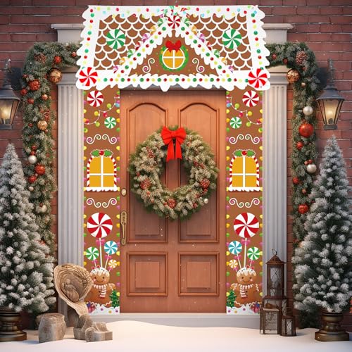 Retro Christmas Gingerbread House Door Cover Party Decorations Xmas Banner Outdoor Porch Sign
