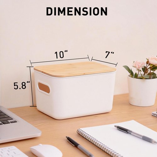 Citylife Storage Bins - Stackable 7QT Plastic Organizer Boxes with Bamboo Lids | 4 PCS, 10" L x 7" W x 5.8" H