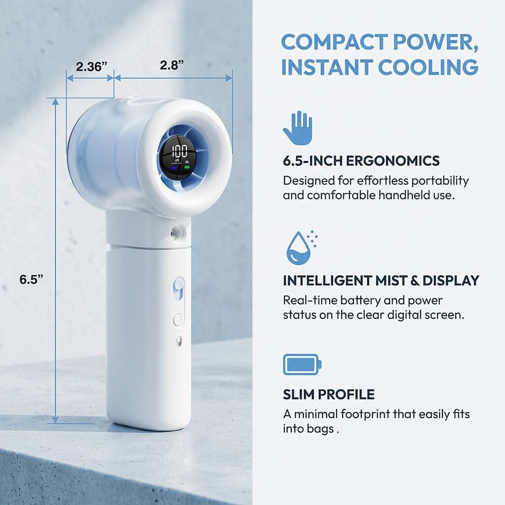 Skiennix Handheld Portable Fan - Misting, Safety Lock & LED Display | High-Speed 20000 RPM Mini Fan (White)