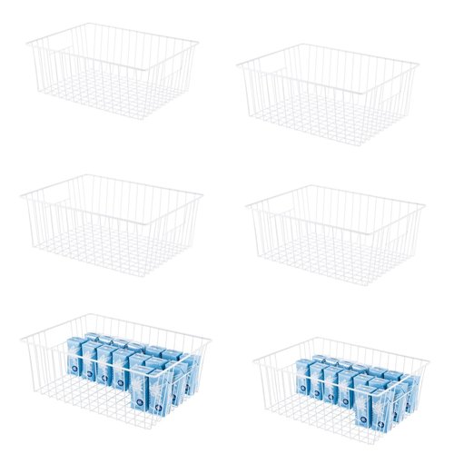Upright Freezer Organizer Bins， Freezer Baskets for 16, 17, 21 cu.ft Standup Freezer, Wire Storage Baskets with Built-in Handles for Frozen Foods, Snacks, Vegetables, Fruits and More, Set of 6 , White