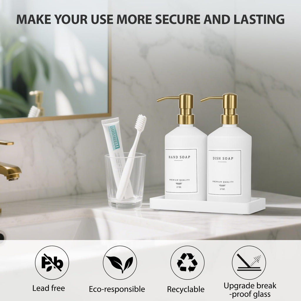 Gold Soap Dispenser Set, Glass Hand and Dish Soap Dispenser Set with Tray,Stainless Pump,14 Stickers for Kitchen,Bathroom Soap and Lotion Dispenser,Modern Counter Decor (White Bottle/Gold Pump)