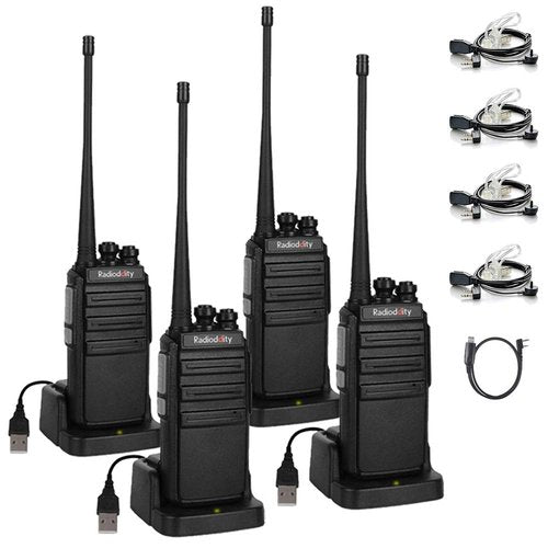 4 Pack Radioddity GA-2S Long Range Walkie Talkies for Adults UHF Two Way Radio Rechargeable with Micro USB Charging + USB Desktop Charger + Air Acoustic Earpiece with Mic, for School Retail Business