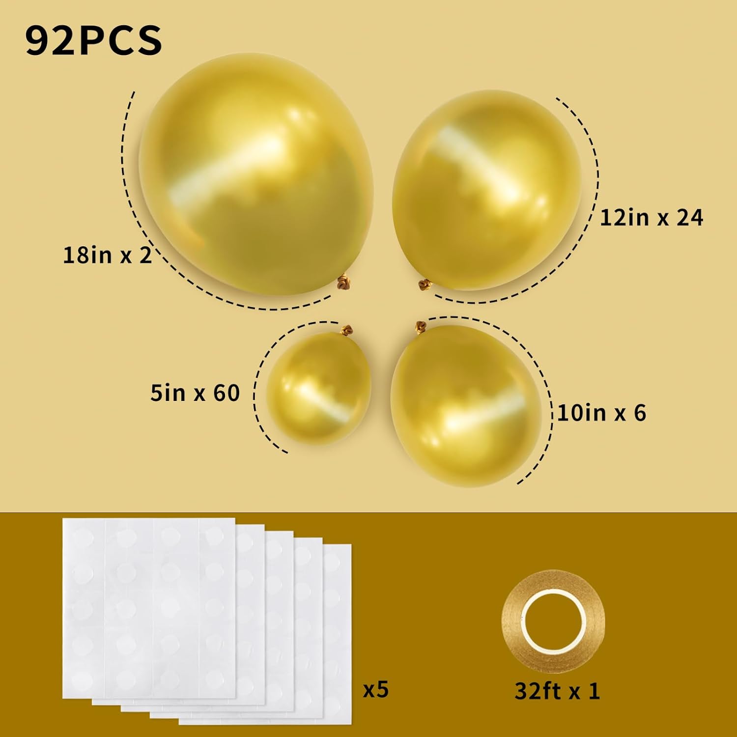 RUBFAC Metallic Gold Balloons - 92pcs Chrome Latex Set for New Year & Birthday Celebrations | 5-18 Inch Sizes