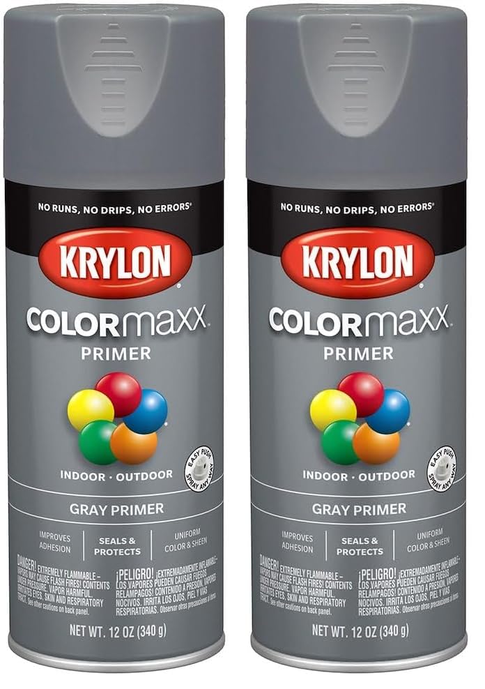 Krylon COLORmaxx Primer Spray Paint, Gray, 12 oz. Cans (Pack of 2)