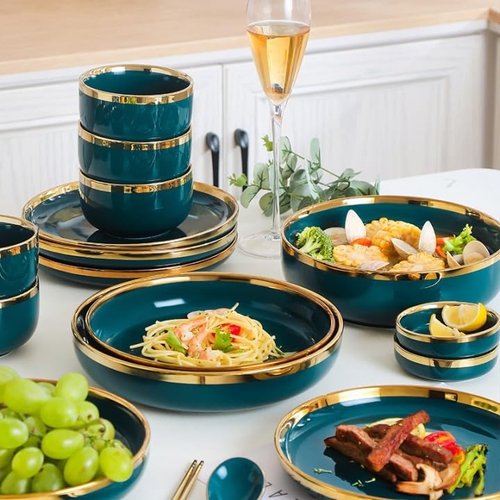 TRUCART - 18-Piece Ceramic Dinner Set for 4 People – Elegant Green Tableware with Rice Bowls, Spoons, Soup Bowl, Deep & Shallow Plates, and Saucers – Durable & Stylish