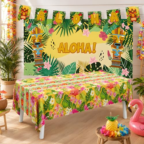 Aloha Luau Party Decorations Set - Yellow Hawaiian Theme Backdrop & Tablecloth