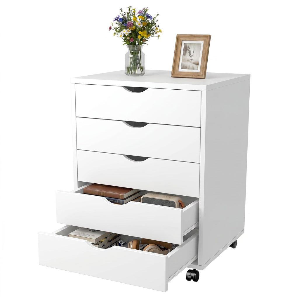5 Drawer Mobile File Cabinet Under Desk Storage Organization with Wheels Vertical Filing Chest Rolling Wood Small Desk Printer Stand for Home Office, White