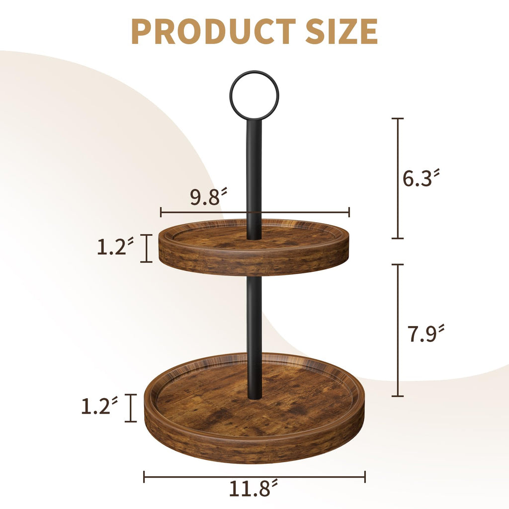 Tiered Tray Stand, Rustic Two Tier Decorative Tray with Metal Handle, Farmhouse 2 Tier Serving Tray, Round Cake Cupcake Stand for Coffee Bar Home Party Decor Holiday Housewarming Gifts(1-Pack)