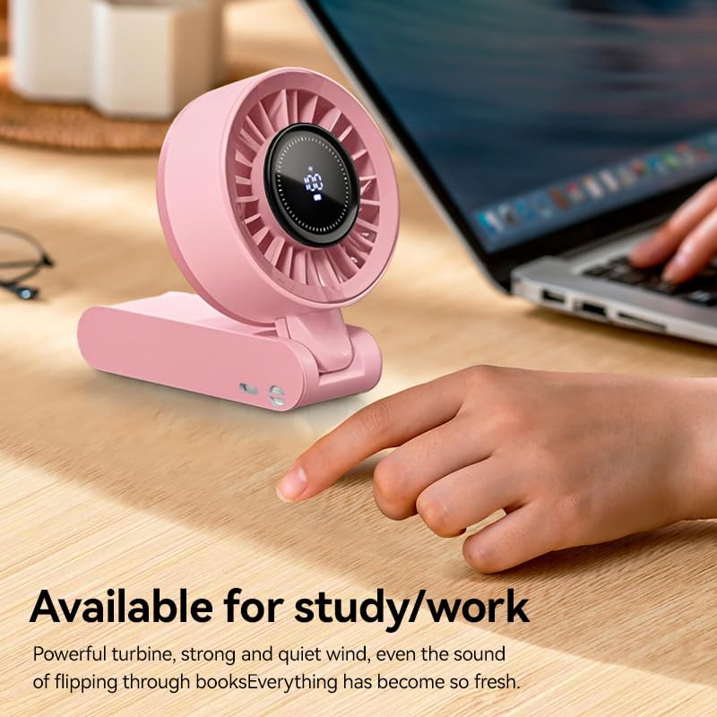 Portable Handheld Fan with LED Display - 5-Speed, 10-Hour Battery, Foldable Design (Pink)