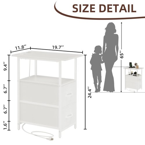 Somdot End Table with Charging Station,Narrow Side Table with 2 Fabric Drawers,Skinny Nightstand with Storage,Small Slim Bedside Table for Living Room,Sofa,Bedroom,Couch,White Leather