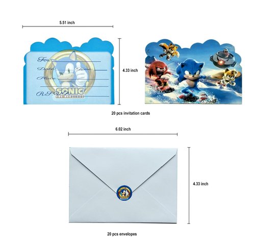 Rovercci 20 Sonic invitation card & 20 white envelopes with 20 stickers and 20 Sonic Goodie and candies Bags party favor with handles for birthday party decoration and supplies