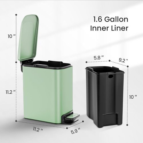 Cesun Small Bathroom Trash Can - Soft Close Lid & Step Pedal | 6L Stainless Steel, Anti-Fingerprint Finish (Matt Green)