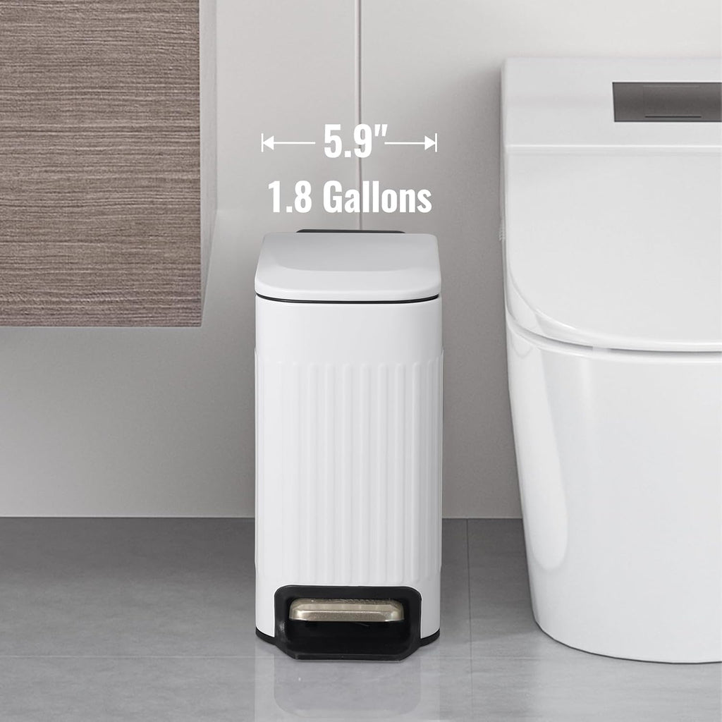 SYNCVIBE Slim Bathroom Trash Can - Soft Close Stainless Steel Step Bin with Removable Inner Bucket | Matt White, 1.8 Gallons