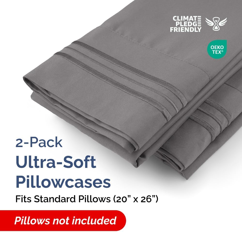 Standard Pillow Cases Set of 2 | Ultra-Soft Hotel Quality Covers - Wrinkle-Free & Stain Resistant - Dark Grey
