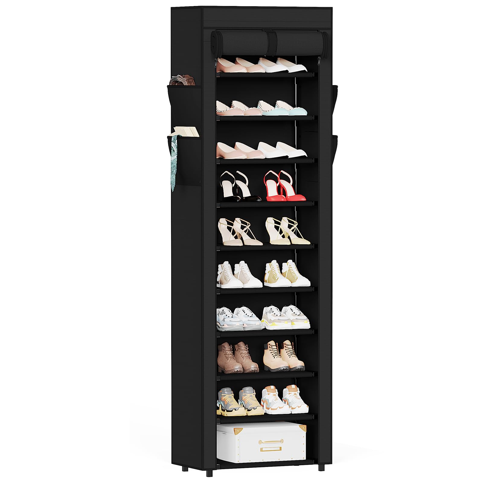 Mavivegue Shoe Rack with Cover, 10 Tier Tall Shoe Organizer for 18-22 Pairs of Shoes, Shoe Organizer with 4 Side Pockets, Shoe Cabinet for Entryway, Closet