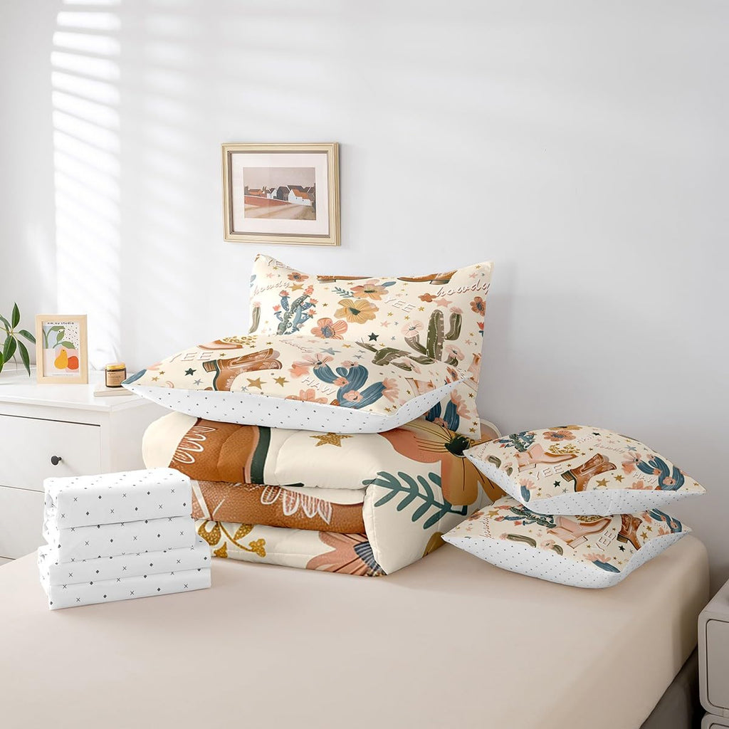 Manfei 7pcs Cowgirl Comforter Set Twin Size, Country Western Cowboy Boots Bedding Set with Sheets for Kids Girls Teens Room Decor, Wild West Cactus Flower Bed in a Bag Cute Cartoon Brown Bed Set