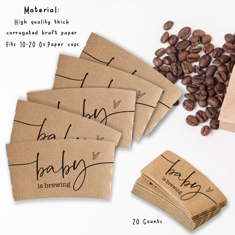 BONETAT 20 Counts A Baby Is Brewing, Coffee Cup Sleeves for Baby Shower Decorations, Disposable for Hot corrugated paper Sleeves 12 16 or 20 oz Paper Cup - A01