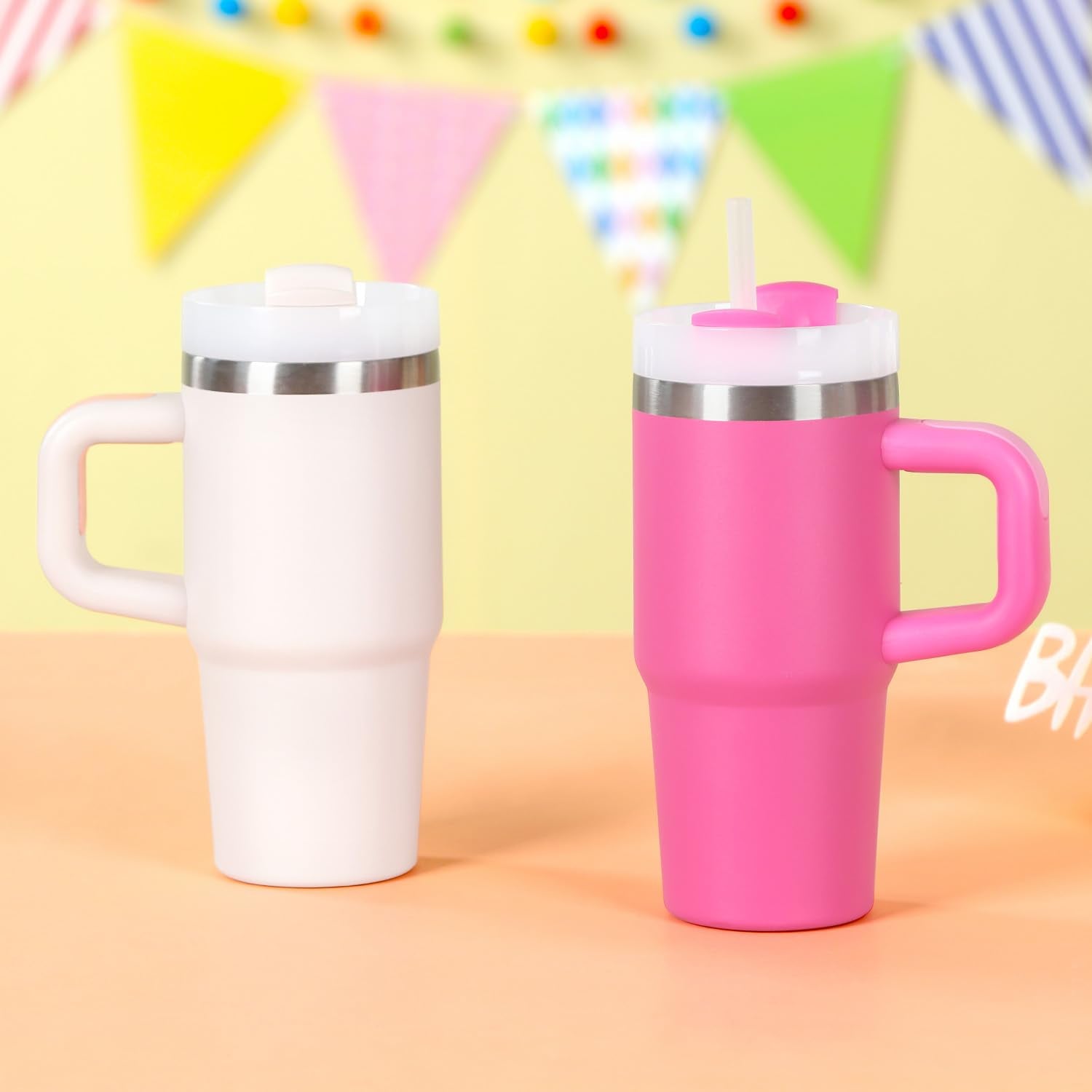 Cosictic 14 Oz Tumbler with Handle and Straw for Kids, Stainless Steel Double Wall Vacuum Insulated Cup for Children, 14 Oz Cups for Kids (Hot Pink)