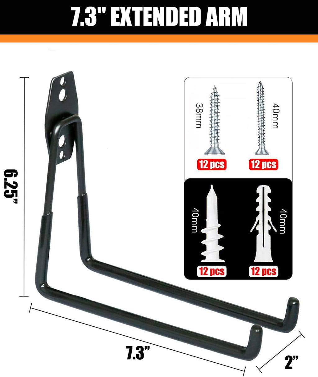 WMK Heavy Duty Garage Hooks - 7.3'' Wall Mount Storage for Bikes, Ladders & Tools | 100LB Capacity, PVC Coated (Black)