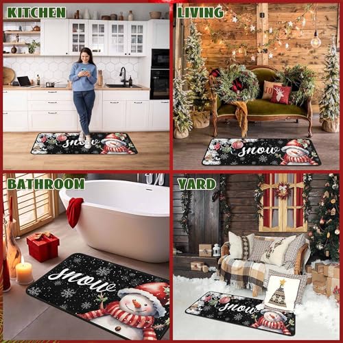 Black Snowman Snowflake Christmas Kitchen Rugs Set of 2 - 17x47 and 17x30 Inches, Non-Slip Holiday Floor Mats for Home & Kitchen, Variation: Black / 1'5" x 3'11"