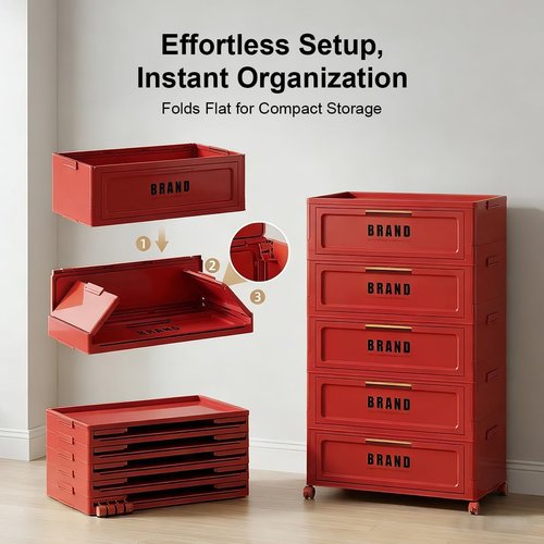 300QT Foldable Storage Cabinet - 5-Tier Organizer with Magnetic Door & Wheels | Space-Saving Red Unit for Dorm, Apartment, Office