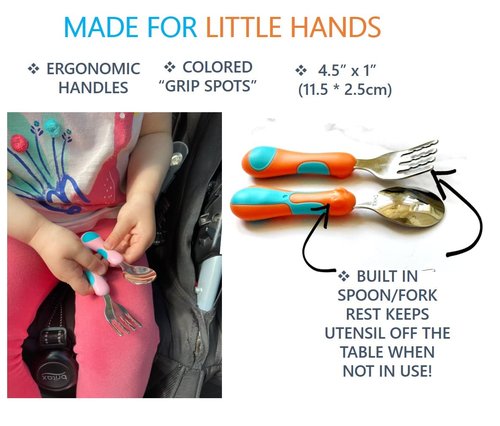 Toddler Silverware, Kids Utensils, Stainless Steel Forks Spoons Set with Travel Case for 1 2 3 4 year old. Metal Cutlery for Children, Girls Boys Baby, Round Handle 8 Pieces (4 sets) Pink Blue, Orange