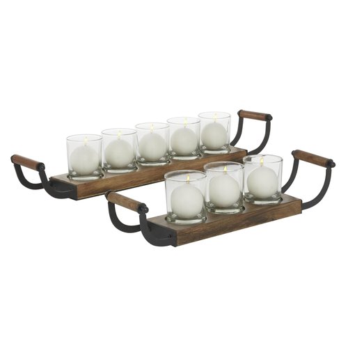 Deco 79 Wood Tealight 8 Glass Sleeve Candle Holder, Set of 2 24", 18"W, Brown