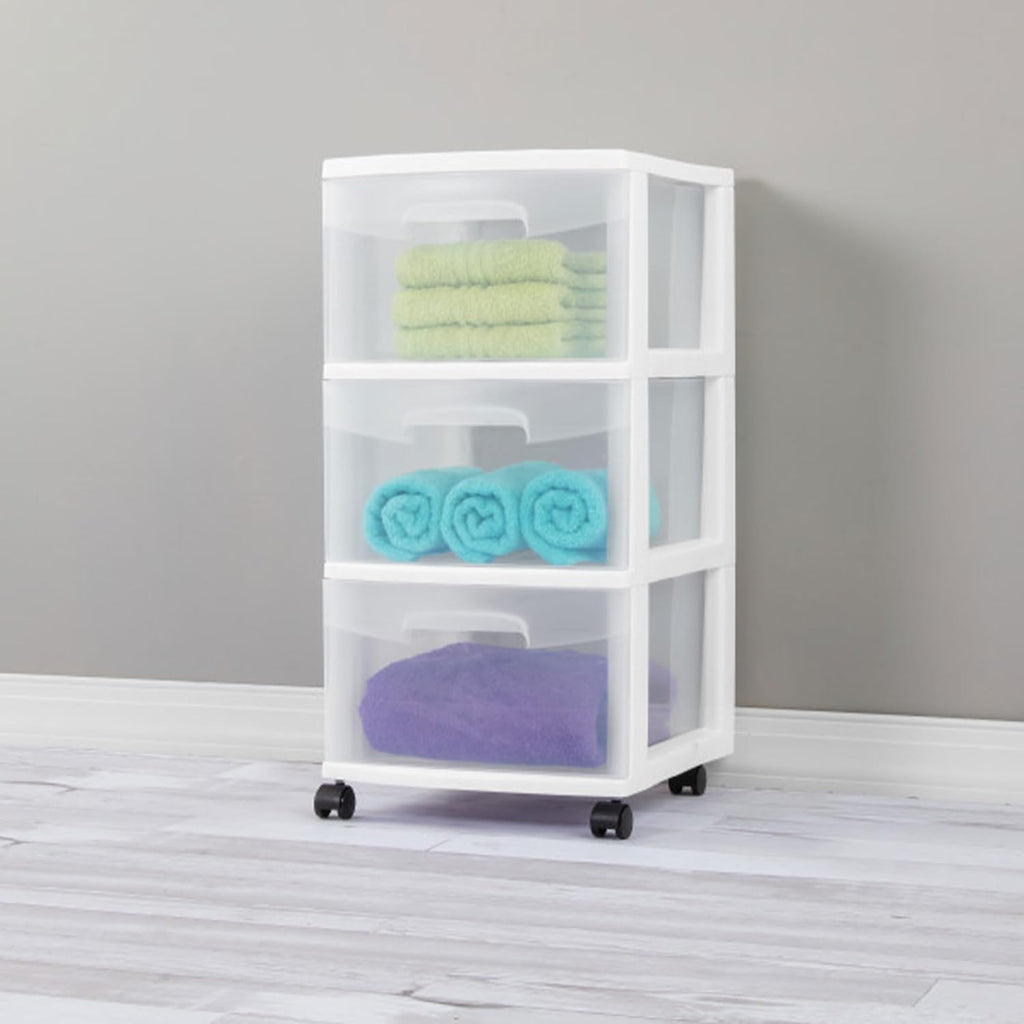 Sterilite 4 Pack Plastic Storage Organizer - 3 Drawer Rolling Bin Cart for Closet Organization | White