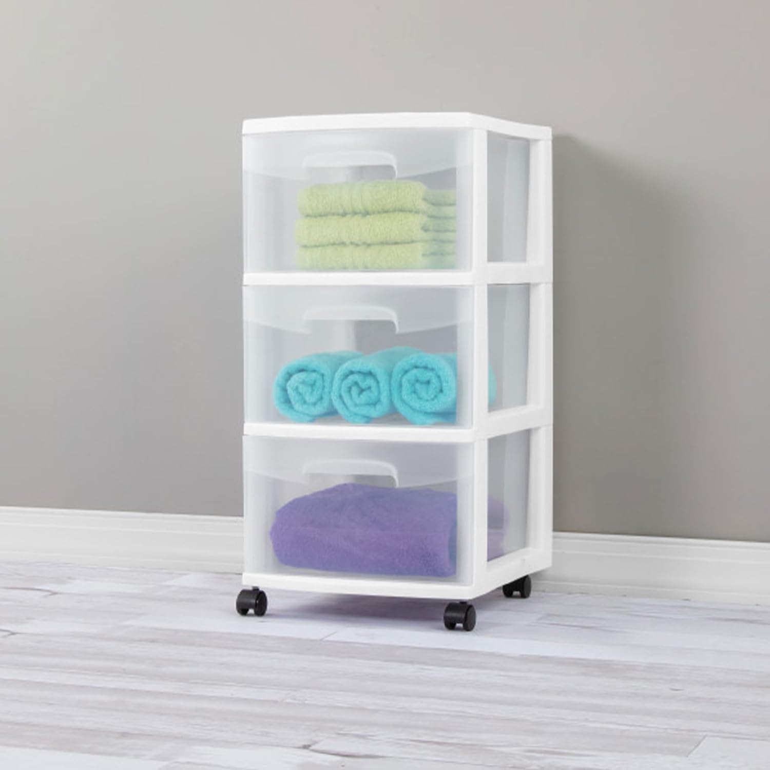 Sterilite 4 Pack Plastic Storage Organizer - 3 Drawer Rolling Bin Cart for Closet Organization | White
