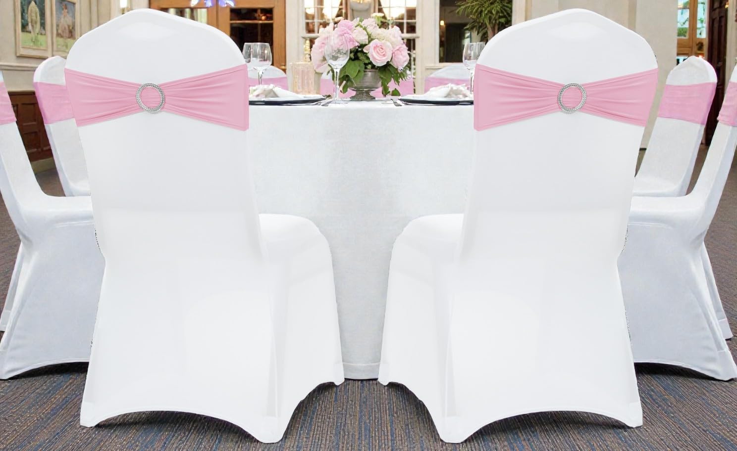 MDS Spandex Chair Sashes - Premium Stretch Covers with Buckle Slider for Weddings & Events | Pack of 10 - Pink