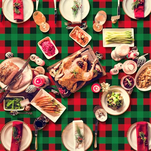 Christmas Plastic Plaid Tablecloth Set - Red & Green Buffalo Check, 54x108 Inches, 6 Pack