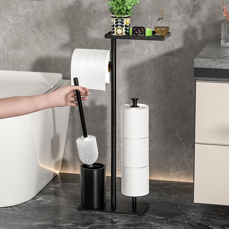 Skiennix Modern Bathroom Toilet Paper Stand - Stylish Black Metal Holder with Storage Shelf for 3 Mega Rolls | 24x12x60 Inches