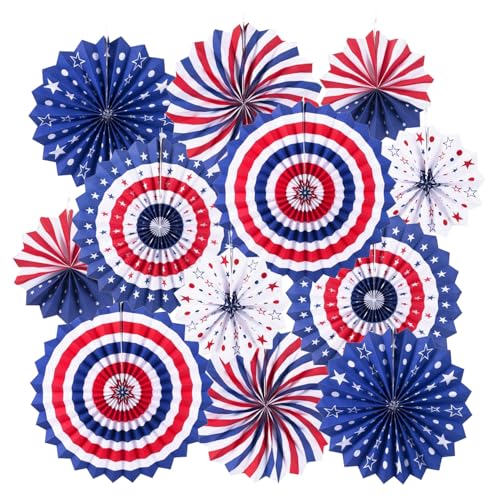 12-Piece 4th of July Patriotic Hanging Paper Fans Set