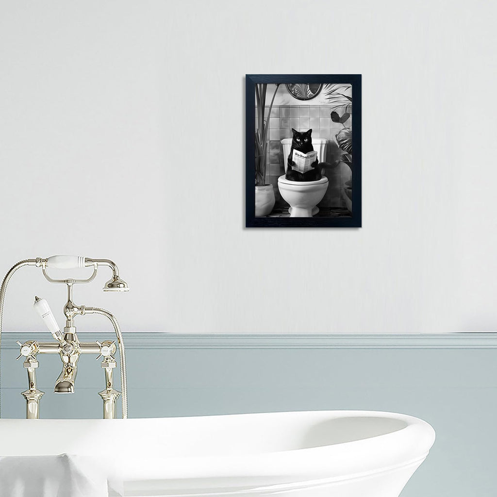 Skiennix Black Cat Bathroom Wall Art - Humorous Framed Canvas Print | Small Size, Black & White Design