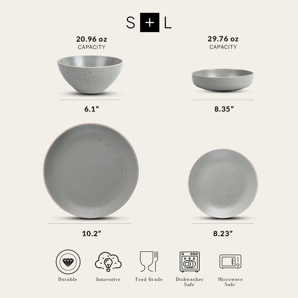 Stone Lain Lauren Stoneware, Rustic Plates and Bowls Set, Dinnerware, Service for 4, Speckled Green, Dishwasher & Microwave Safe, 16-Piece