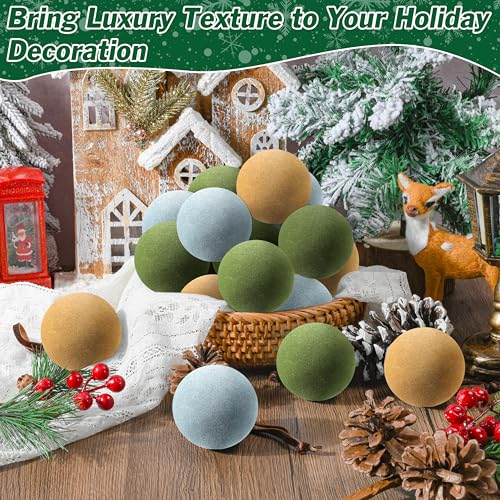 Velvet Christmas Balls Set - 30 Pcs 2.4 Inch Shatterproof Holiday Ornaments in Green Khaki Dusty Blue