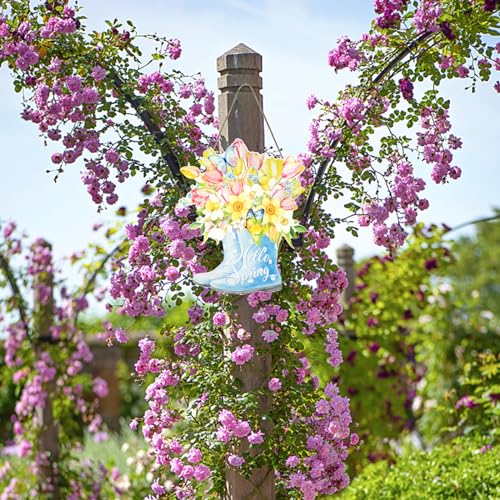 Hello Spring Wooden Door Sign with Colorful Flower Boots