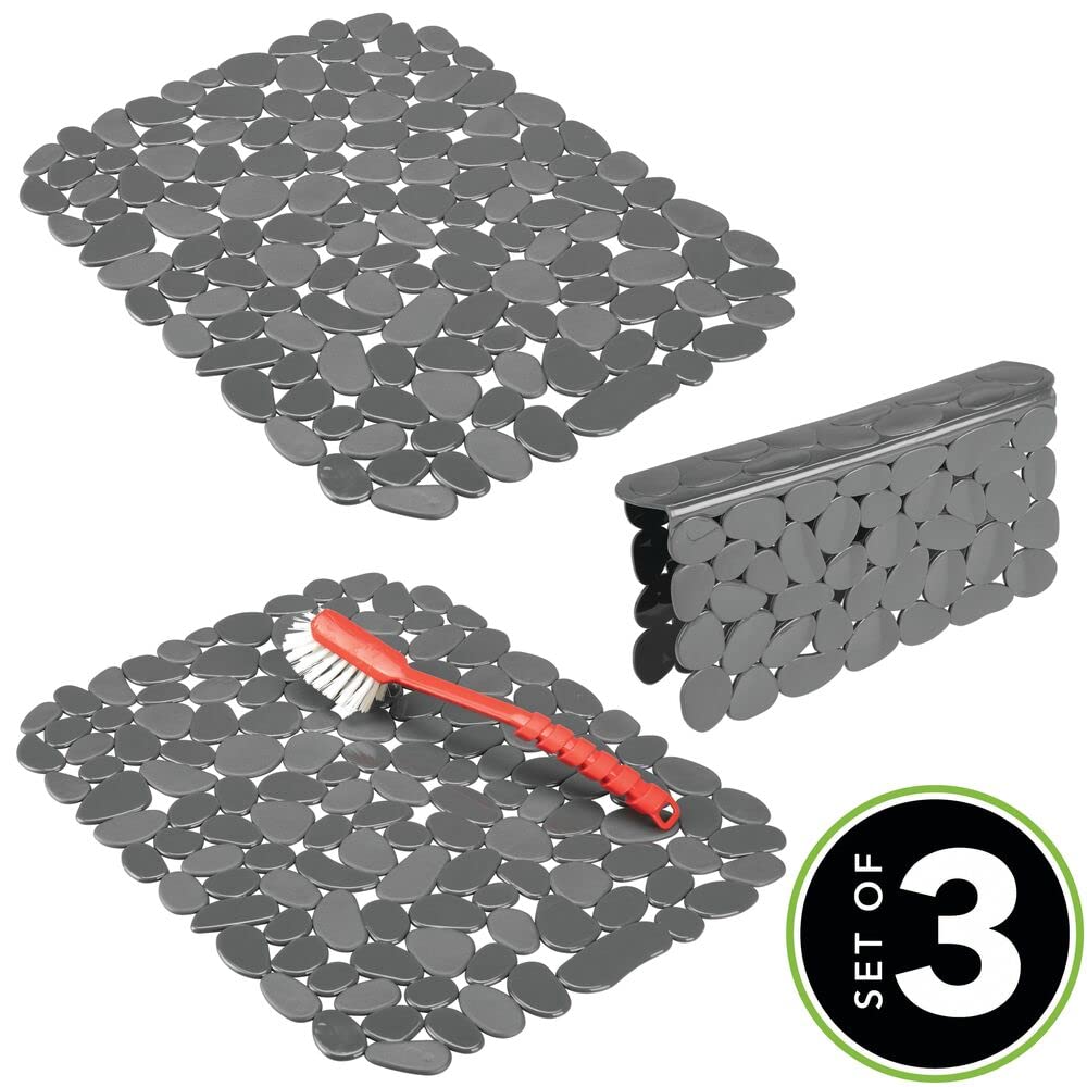 mDesign Adjustable Kitchen Sink Dish Drying Mat/Grid - Soft Plastic Sink Protector, Cushions Sinks, Dishes - Quick Draining Pebble Design - Includes 1 Saddle, 2 Large Mats - Set of 3 - Charcoal Gray
