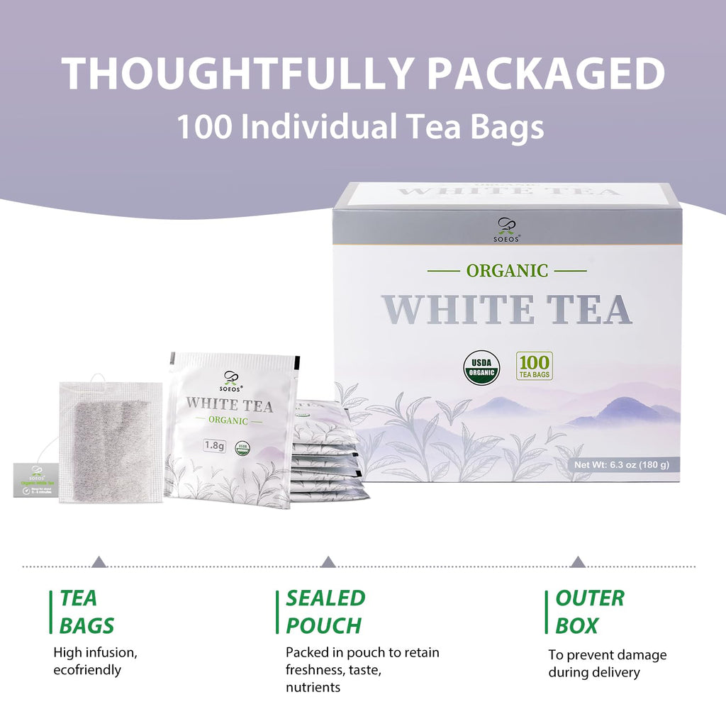 Soeos Organic White Tea, 100 Tea Bags, Individually Wrapped Teabags, Low Caffeine, Subtle Floral Aroma & Smooth Taste, Quality Tea for Everyday Brewing, Perfect for Hot or Iced Tea Lovers, 6.3oz (180g)