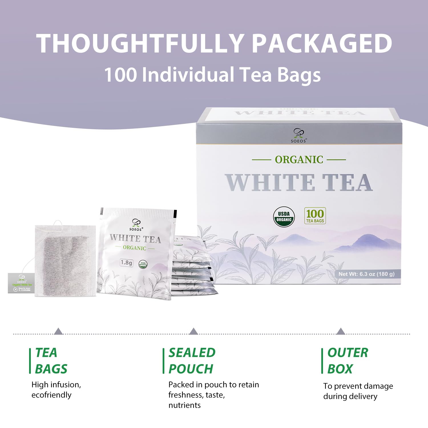 Soeos Organic White Tea, 100 Tea Bags, Individually Wrapped Teabags, Low Caffeine, Subtle Floral Aroma & Smooth Taste, Quality Tea for Everyday Brewing, Perfect for Hot or Iced Tea Lovers, 6.3oz (180g)