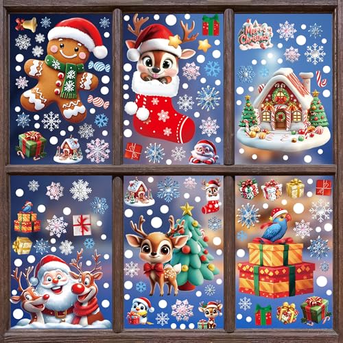 Christmas Window Stickers 6 Sheets 173pcs Reusable Static Clings Santa Gingerbread Snowflakes