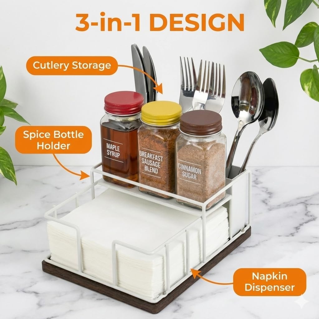 Wood & Metal Napkin Holder by [Brand Name] - 3-in-1 Utensil Caddy & Spice Rack for Kitchen or Patio (White)